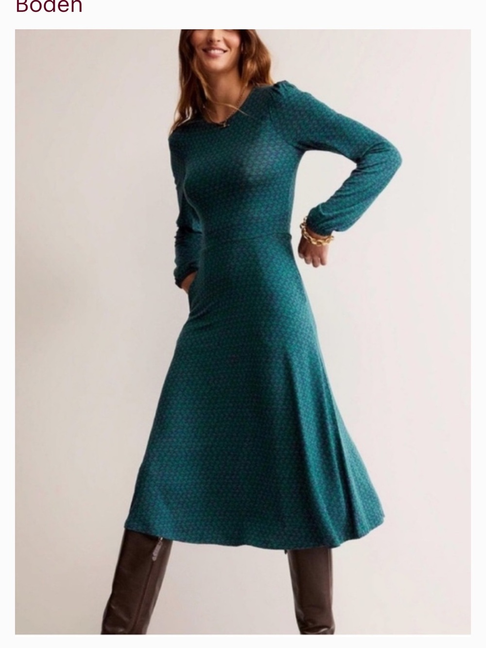 Boden Camille Jersey Knit Midi Long Sleeve Dress Blue Green 6